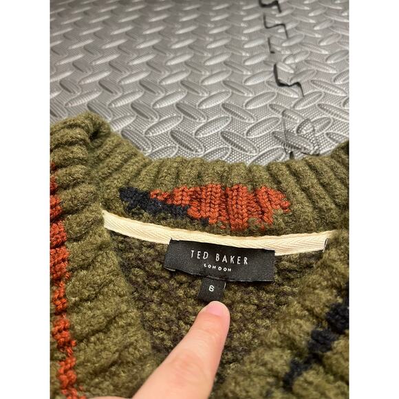Ted Baker London Newtub Khaki Green Wool Blend Textured V-Neck Sweater Size 6 - Picture 4 of 10